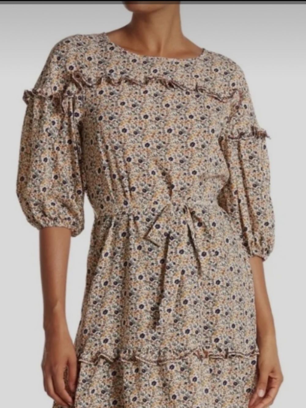 Max Studio Boho Ditsy Floral Print Self Tie Belted Elbow Sleeve Crepe Dress sz M